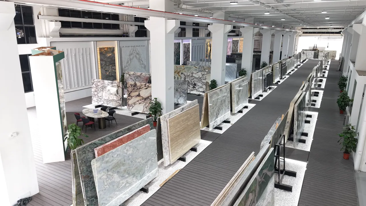 Large stone slabs arranged in a display hall