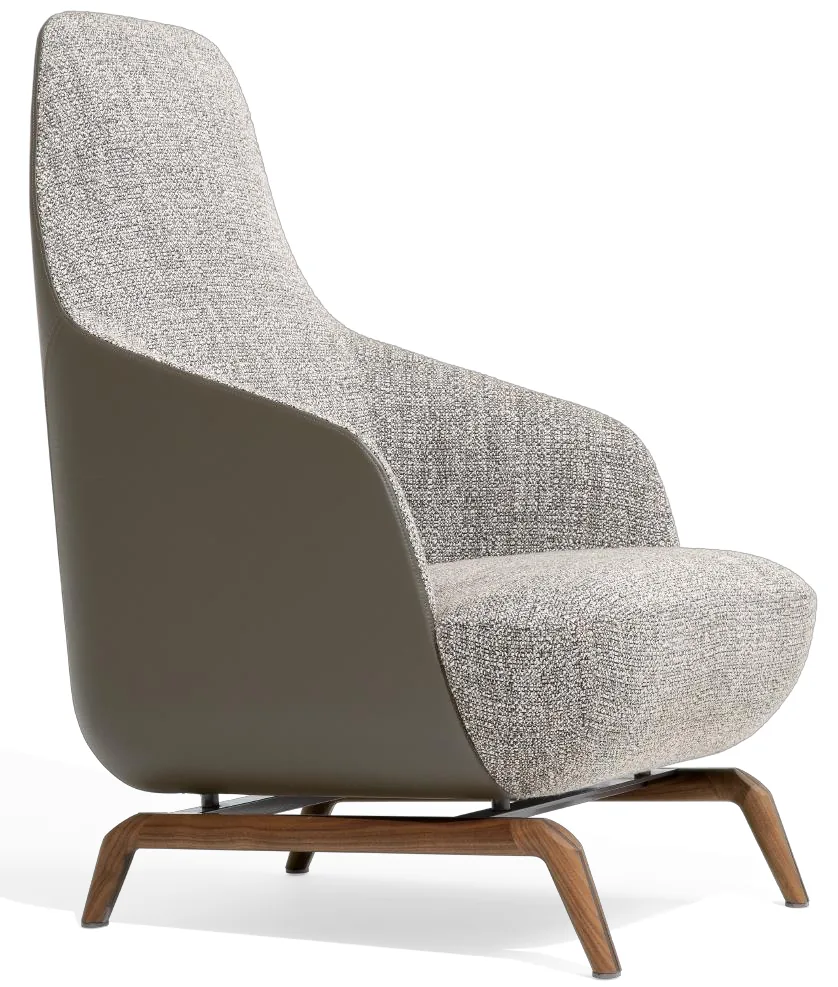 An upholstered dining chair with a curved pale outer shell and timber-coloured legs.