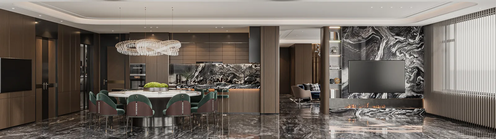 Panoramic 3D interior study linking a dining table, kitchen cabinetry and a television wall.