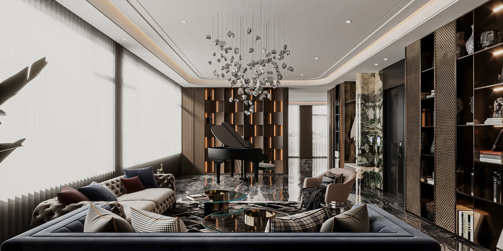 3D interior study of a living room with dark seating, full-height shelving and a piano.